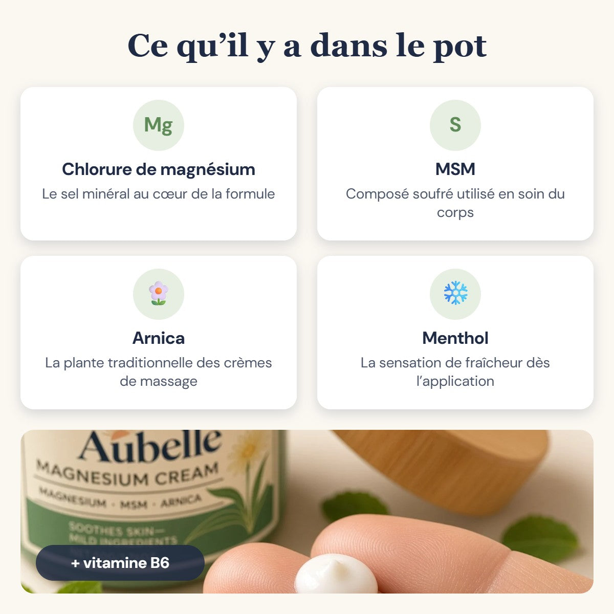 Ingrédients : chlorure de magnésium, MSM, arnica, menthol, vitamine B6