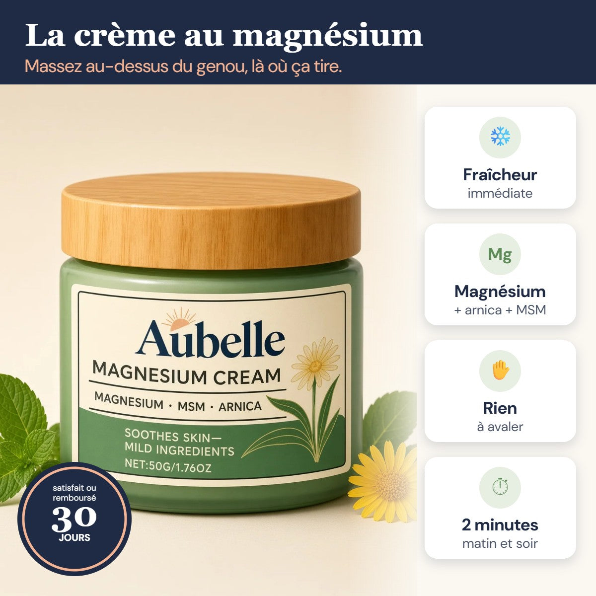 La crème au magnésium Aubelle : fraîcheur immédiate, magnésium, arnica, MSM, rien à avaler, 2 minutes matin et soir