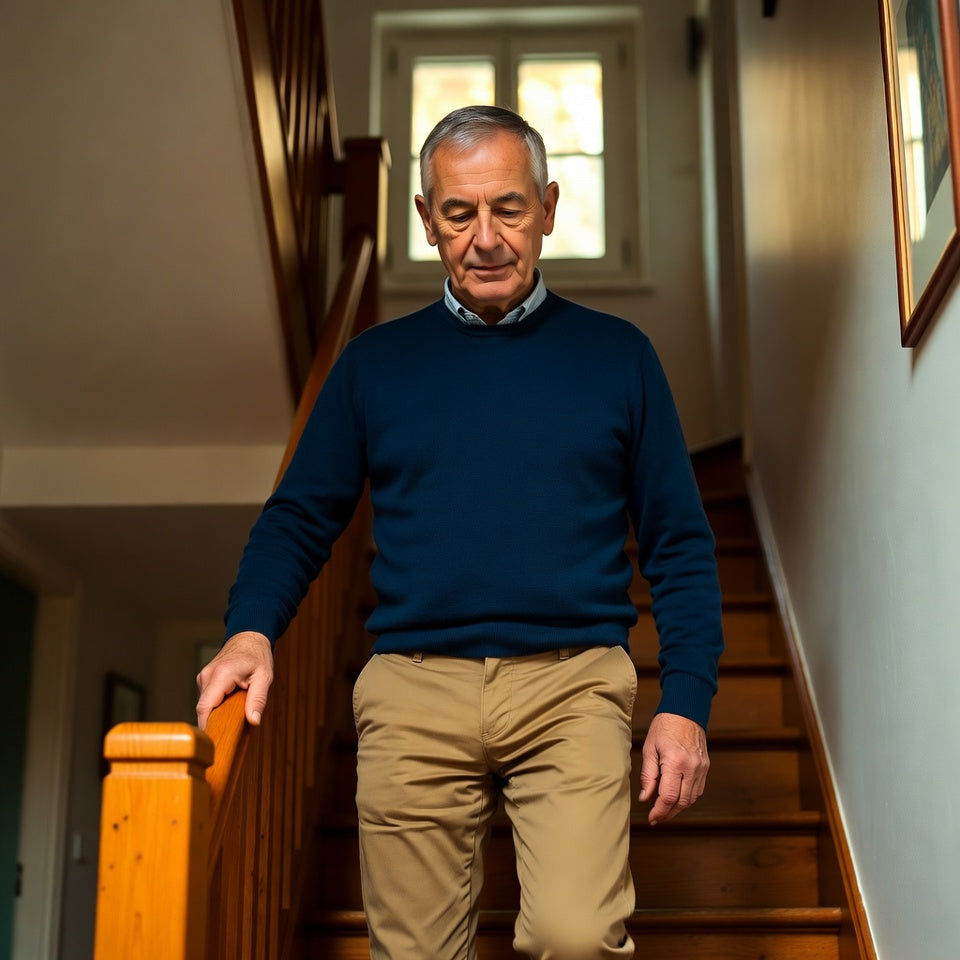 Homme de 63 ans qui descend l'escalier en tenant la rampe (image générée par IA)