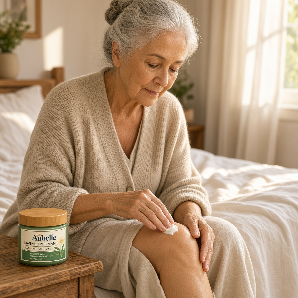 Femme de 65 ans qui masse son genou avec la crème Aubelle (image générée par IA)